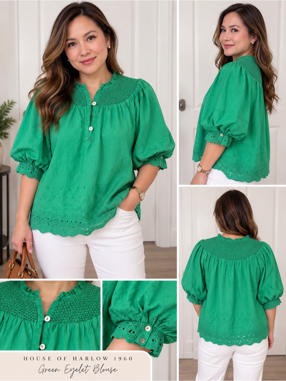 House of Harlow 1960 Emerald Green Smocked Eyelet Tunic